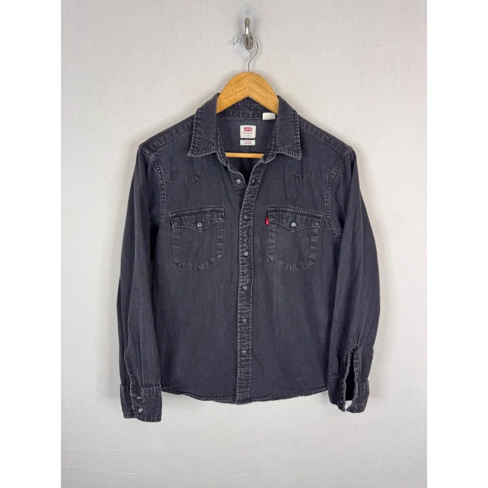 Levis Mens Western Denim Pearl Snap Shirt Faded Black Long Sleeve Small Standard